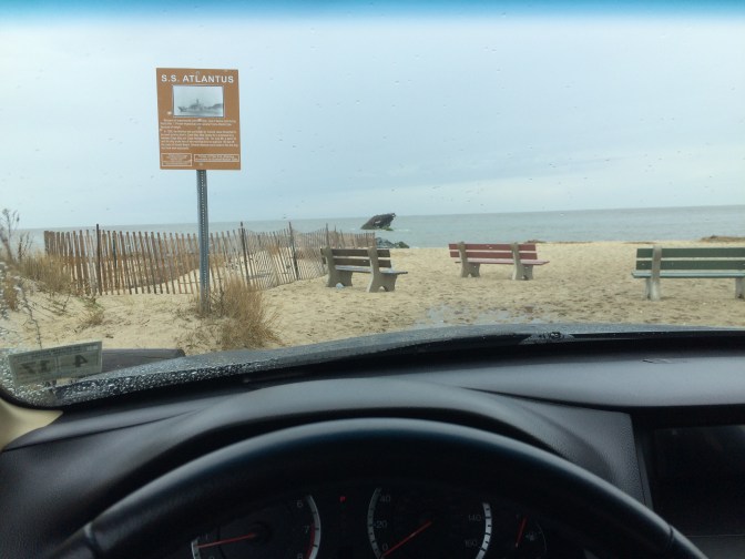 Wreck of Atlantus, viewed through car windshield.