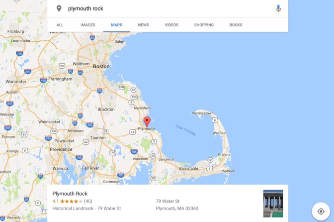 Map of Massachusetts, with Plymouth Rock indicated.