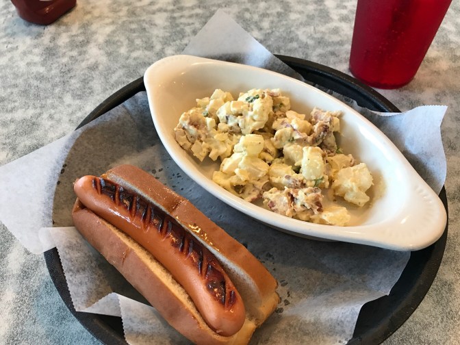 Hot dog and potato salad.