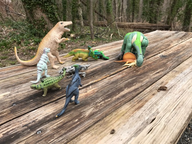 Photo of toy dinosaurs on a wood bench.