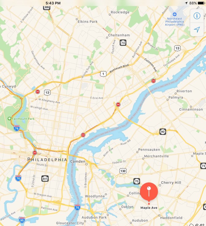 Map of South Jersey with a pin on Haddonfield.