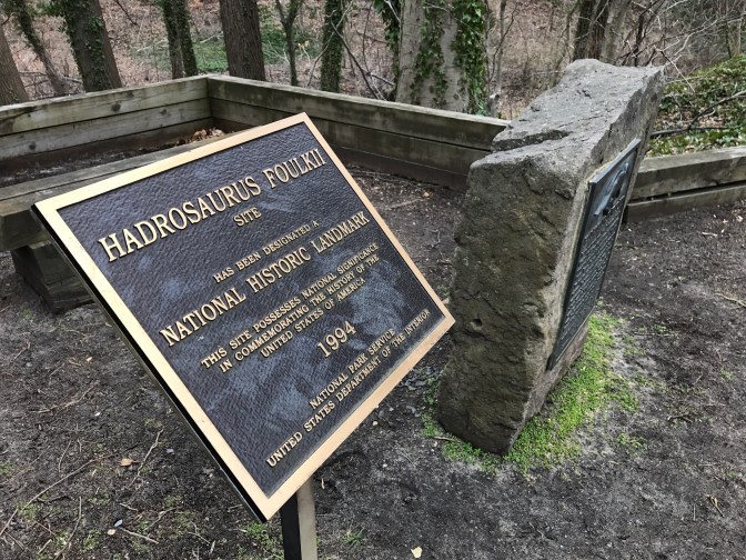 Photograph of the sign denoting the Hadrosaurus park as a National Landmark.