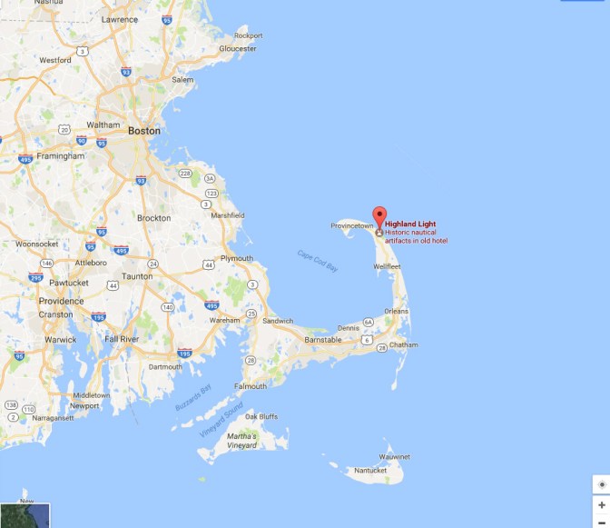 Map of Boston and Cape Cod, with marker on Highland Light
