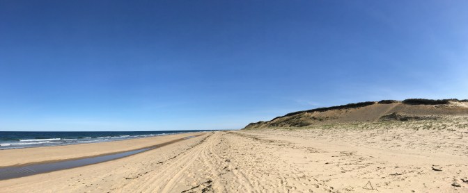 Panorama of dunes, beach, and ocean.