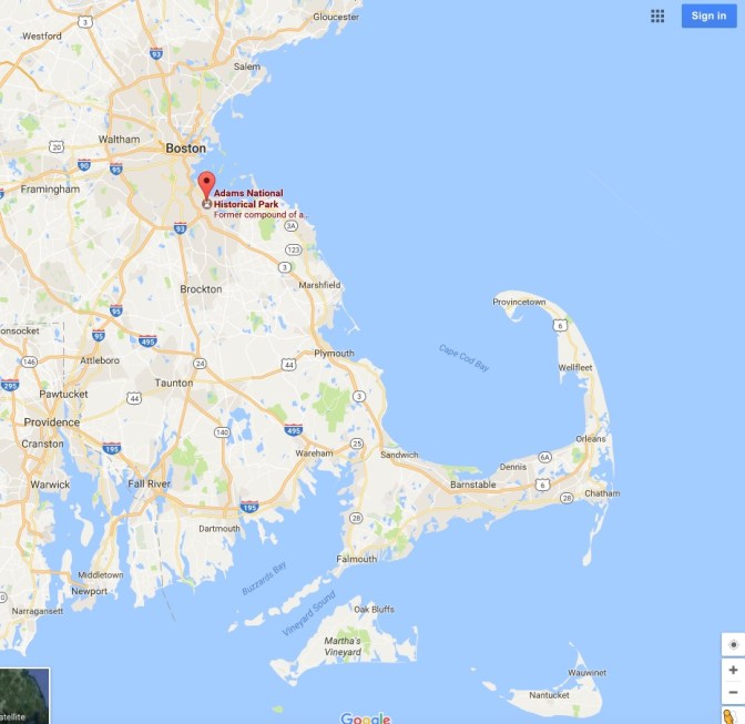 Map of Massachusetts with a pin in Adams National Historic Park
