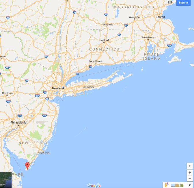 Map of East Coast of US, from Boston to Cape May.