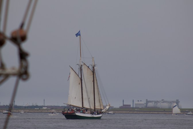 Vessel with sails extended, in the harbor.