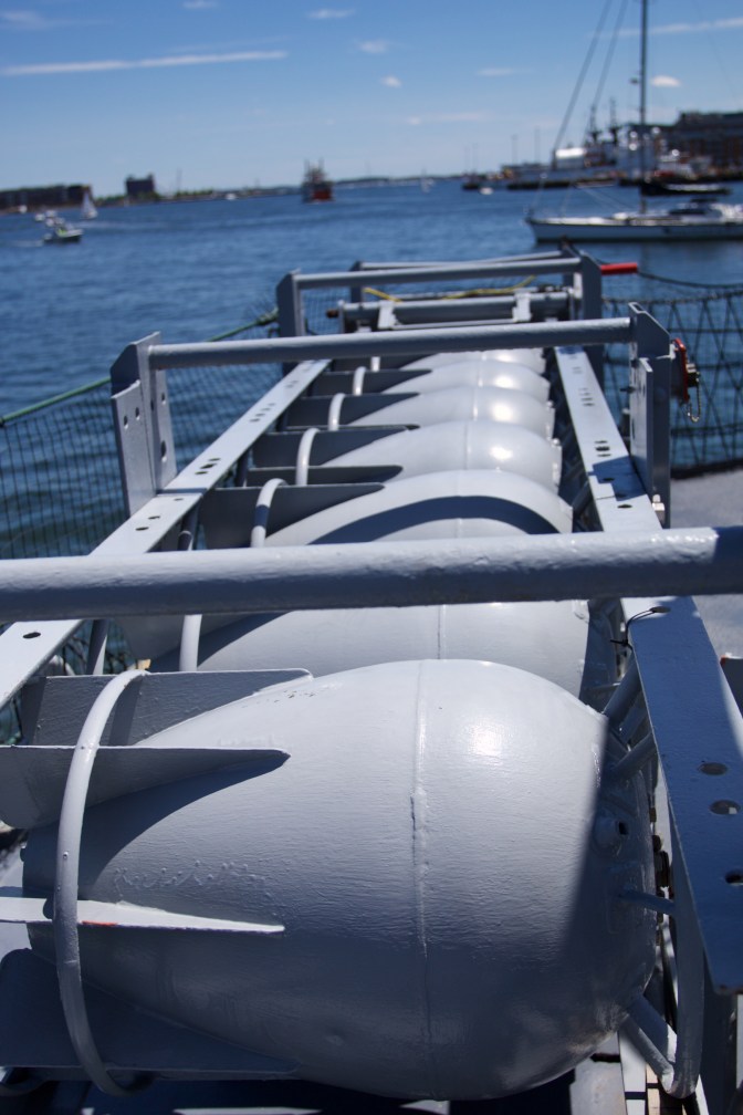 Rack of depth charges on aft section of the USS Cassin Young.