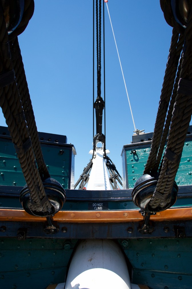 Foreward view of ship, toward bowsprit.