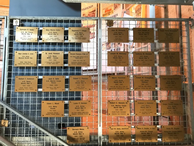 Bronze plaques placed along staircase in Fire Control Tower 23.