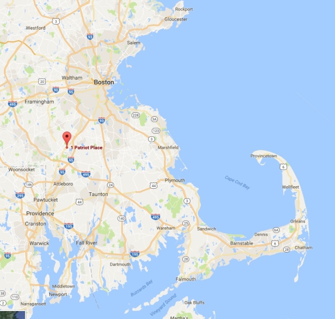 Map of Massachusetts with a pin in 1 Patriot Place