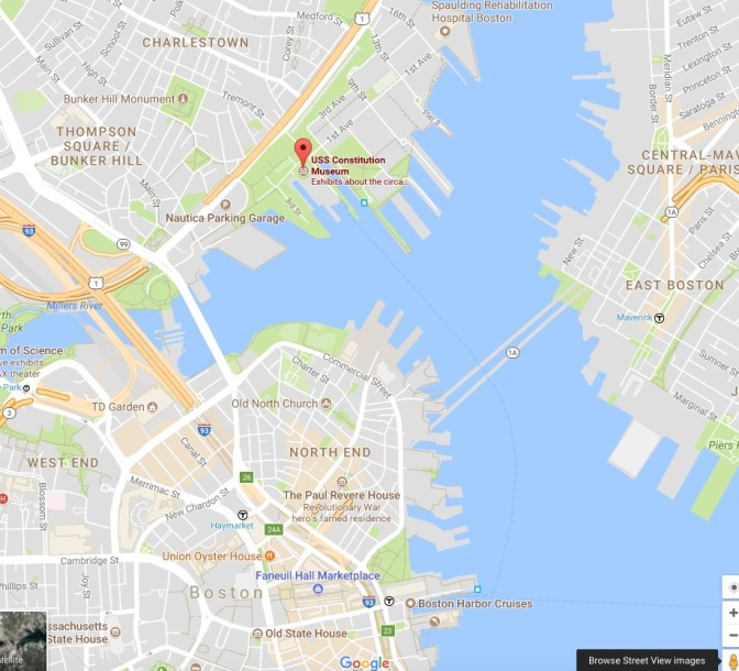 Map of Boston Harbor. A pin is in the site for the USS Constitution. Bunker Hill Monument is also indicated.