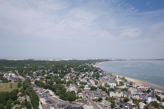 View from the top of the monument, looking west at Provincetown and the coastline.