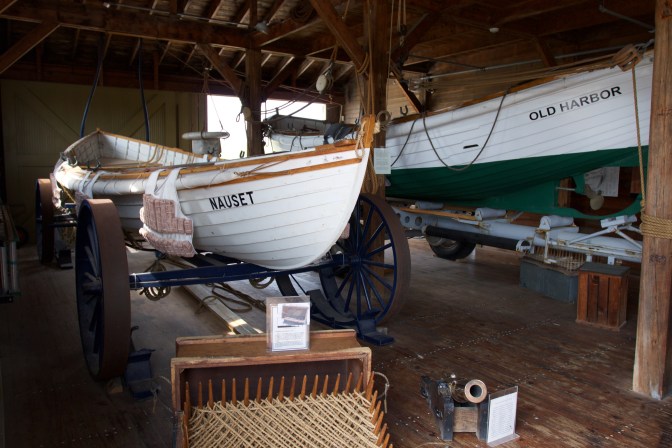 Two surfboats on wagons.