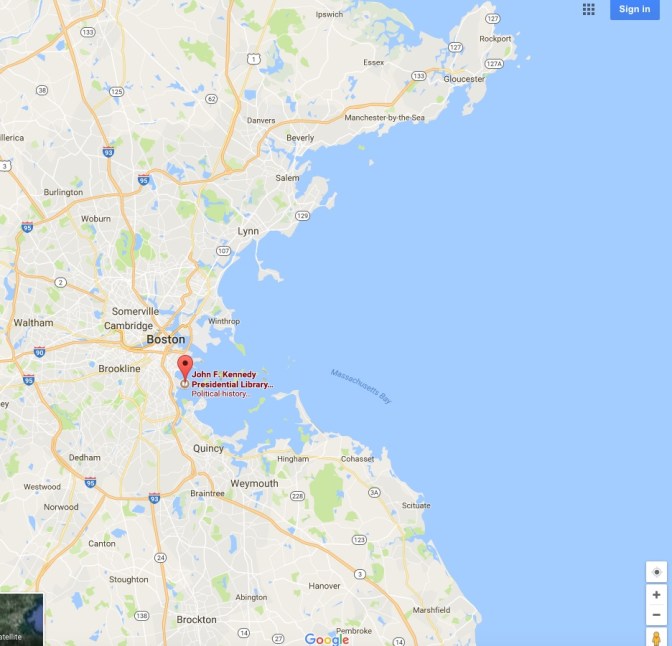 Map of Eastern Massachusetts, with a pin in the location of the John F. Kennedy Presidential Library and Museum.