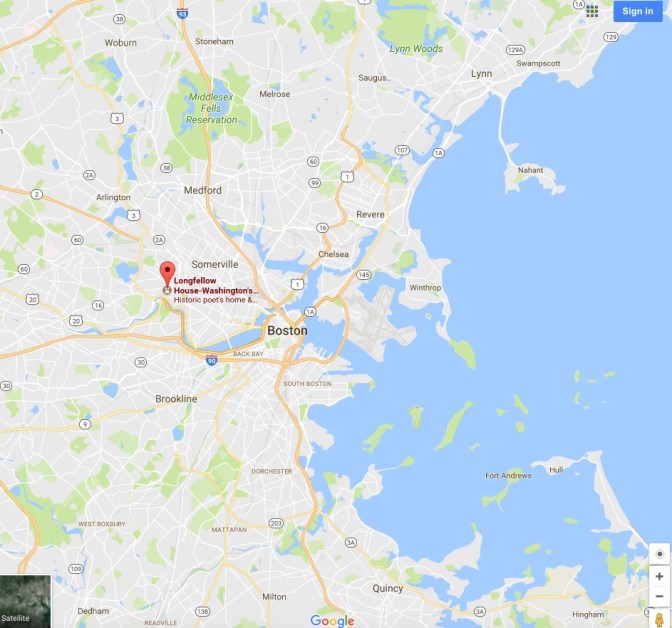 Map of Longfellow House, west of Boston.