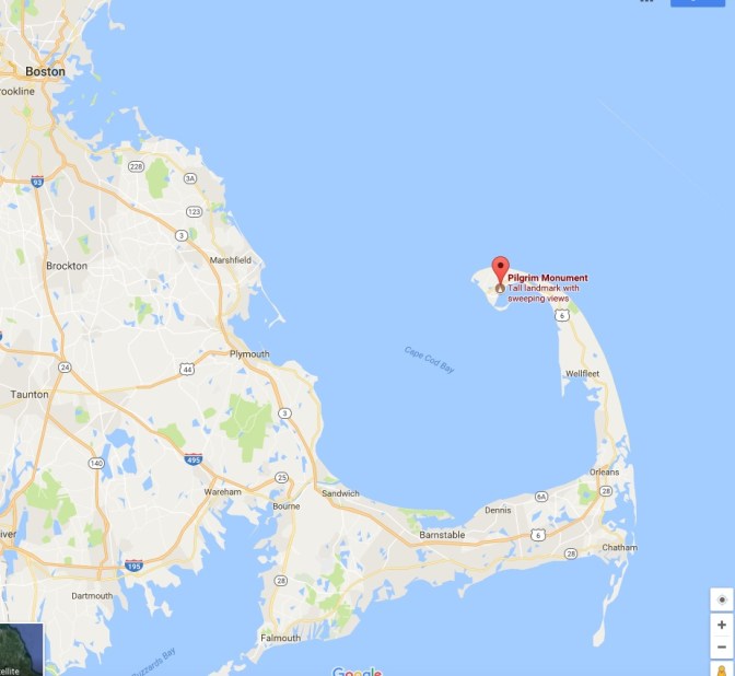 Map of Cape Cod, with a pin indicating the location of Pilgrim Monument.