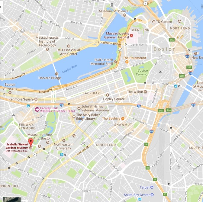 Map of Boston. A pin is in the Isabella Stewart Gardner Museum location.
