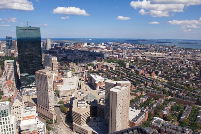 Southeastern view. Boston Harbor is in the distance.
