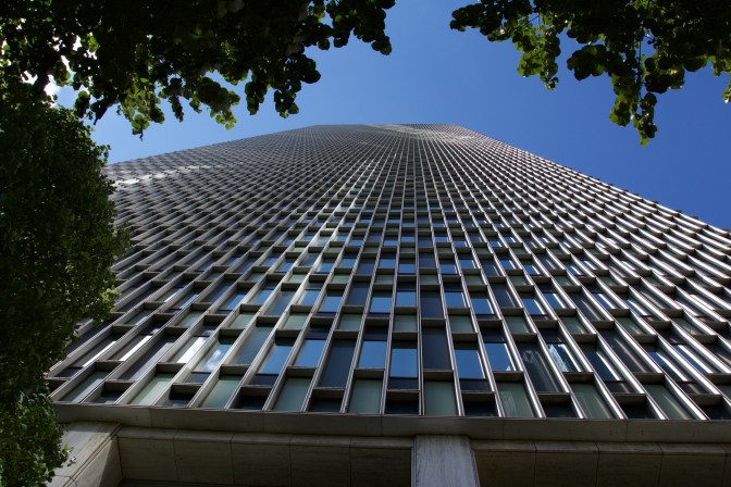 View looking upward at the Prudential Tower, from the base.