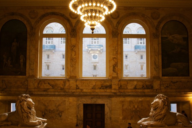 View of the entrance to Boston Public Library.