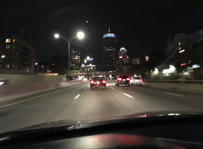 View of the Boston skyline on I-90.