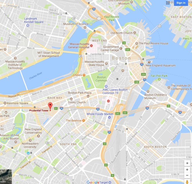 Map of Boston. A pin is in the Prudential Tower, in the Back Bay neighborhood.