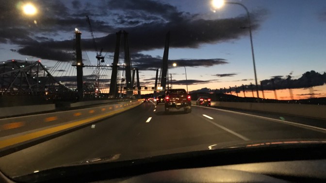View of the new Tappan Zee bridge at dusk.