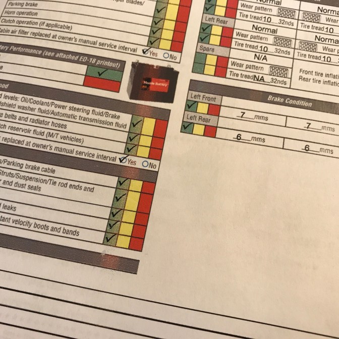 Inspection report for vehicle.