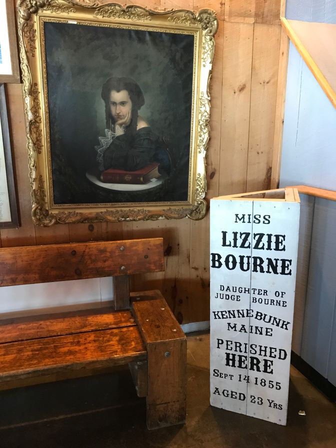 Display, including portrait, about Lizzie Bourne, who died on Mt. Washington.