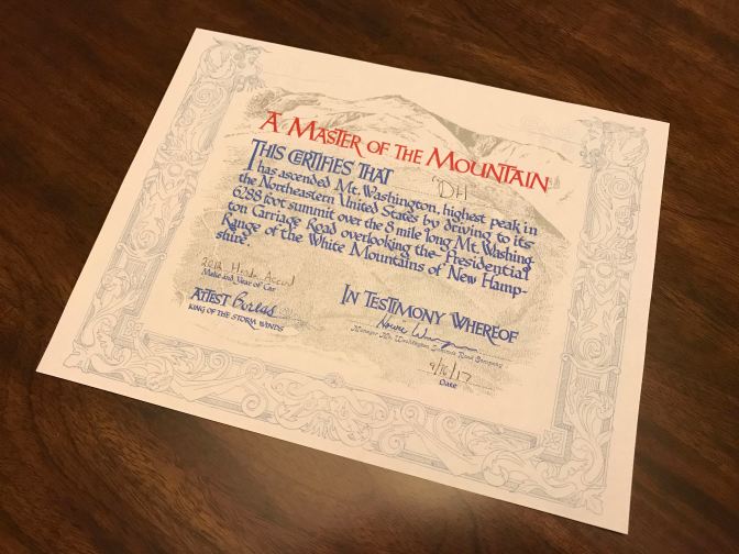 Certificate of achievement for having climbed Mt. Washington.