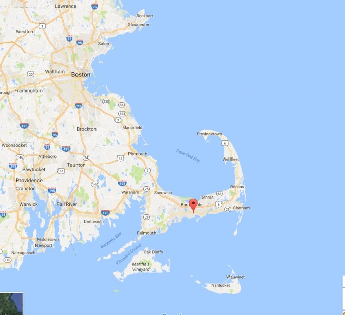 Map of eastern Massachusetts and Cape Cod. A pin in the map indicates Hyannis.