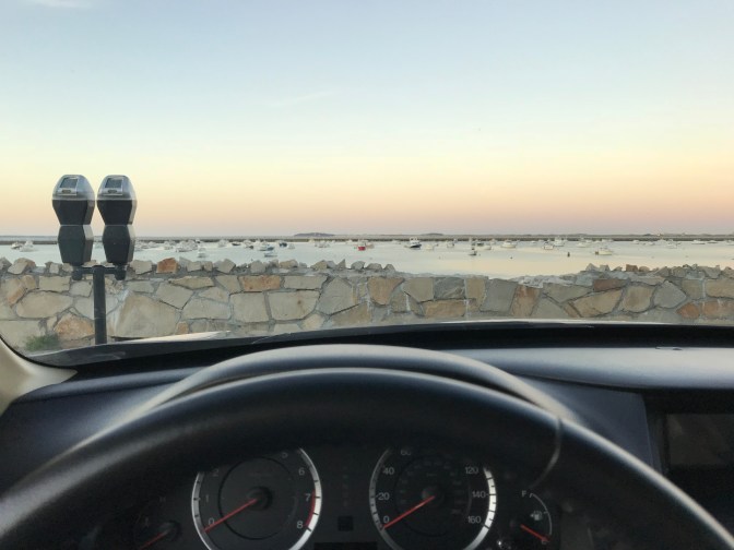 View of Plymouth Harbor from behind windshield of 2012 Accord.