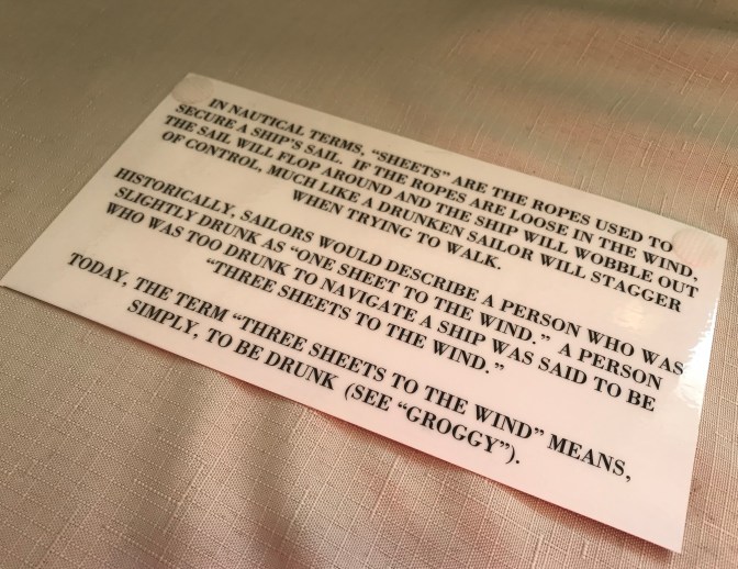 Card detailing the original nautical definition of "three sheets to the wind."