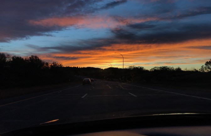Sunset sky on the highway in Rhode Island.
