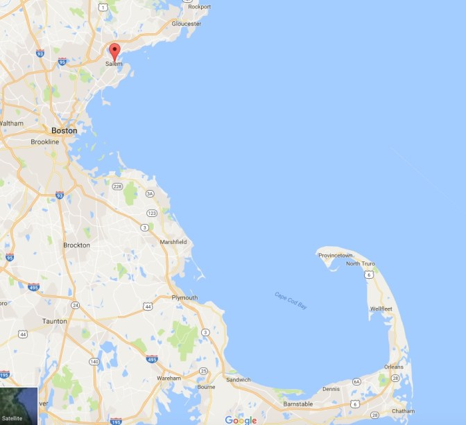 Map of eastern Massachusetts. A pin is in Salem.