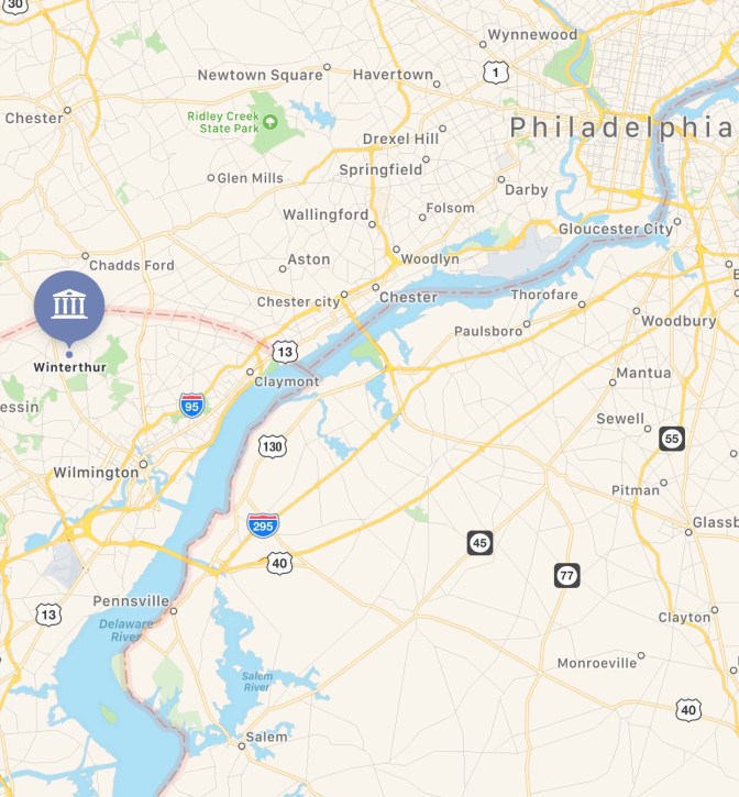 Map of Pennsylvania and Delaware, with a pin in the location of Winterthur.