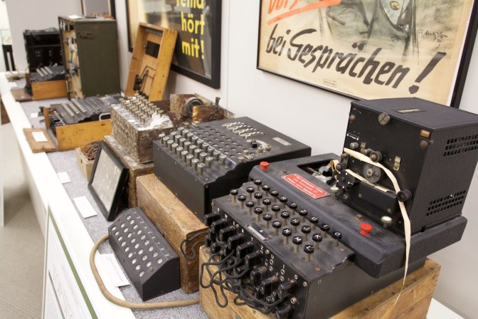 A row of 6 Enigma machines.