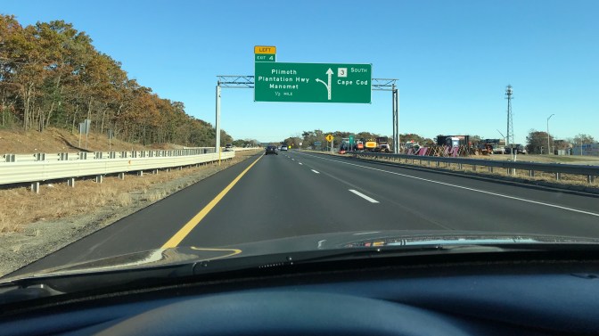 Highway exit sign for Plimoth Plantation on Route 3 South.