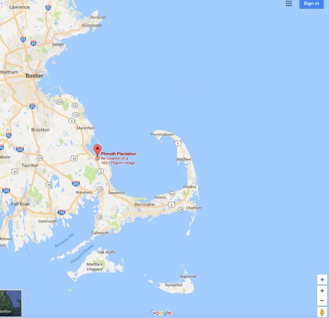 Map of Eastern Massachusetts. A pin indicates the location of Plimoth Plantation.