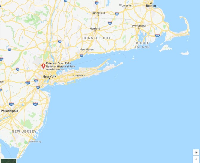 Map with a pin in Paterson Great Falls Park.