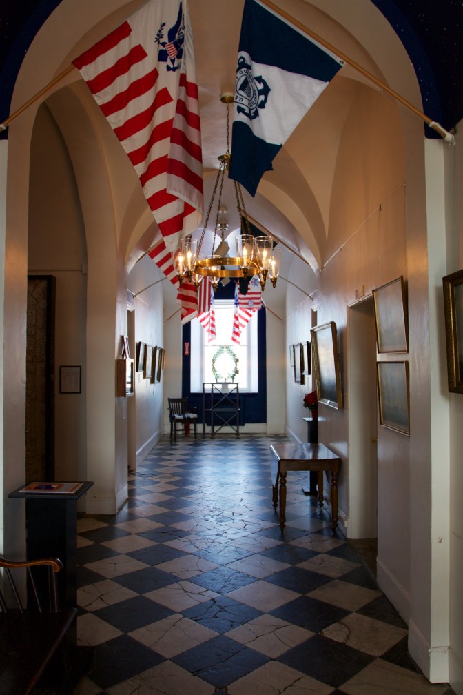 Entrance hall to the museum. Flags hang from the ceiling.