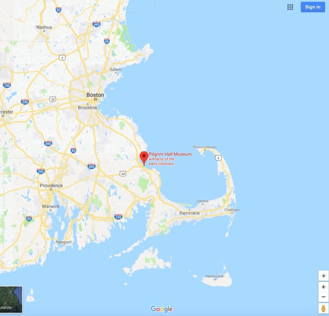 Map of Eastern Massachusetts. A red pin located Pilgrim Hall Museum in Plymouth.