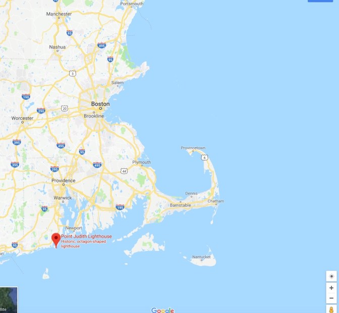 Map of eastern Massachusetts and Rhode Island. A pin is on the southern coast of Rhode Island, indicating Point Judith Lighthouse.