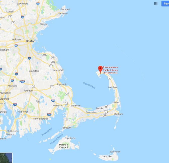 Map of Cape Cod, with a red pin denoting Provincetown Public Library.