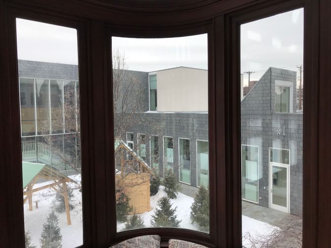 View of the modern museum through the Solarium windows.
