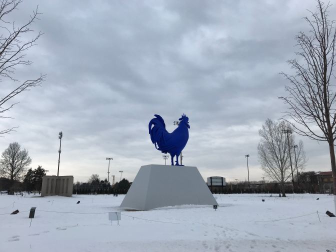 The Hahn/Cock Statue, a bright blue rooster.