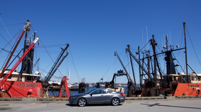 2012 Honda Accord, parked on pier beside fishing boats.