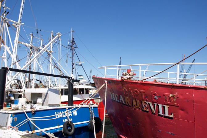 Bow of ship with "Cape B IV Hear No Evil" written on the bow.