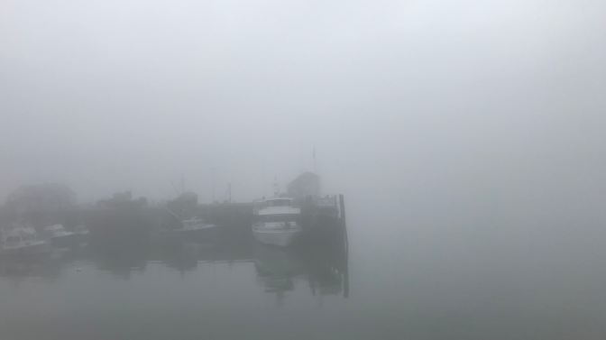 Fog-filled harbor in Plymouth, with a pier and boats moored.